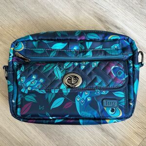 Lug Switch RFID Crossbody Bag Blue Peacock Print NWOT